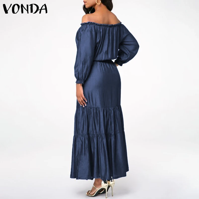 VONDA, женское платье,, рукав-фонарик, богемный стиль, сарафан, повседневное, свободное, Vestidos размера плюс, сексуальное, с открытыми плечами, макси, длинное платье, S-5XL
