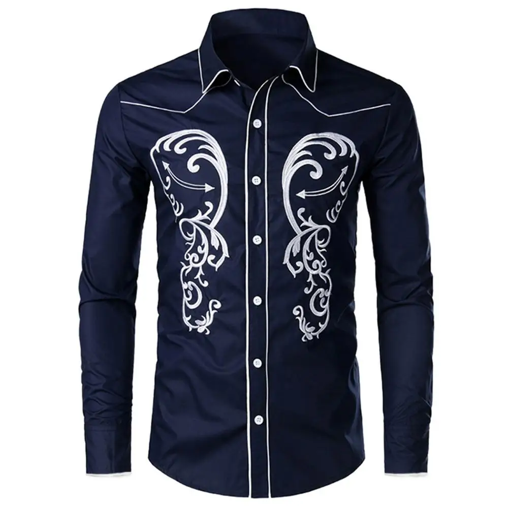 Тёмно-синий Shirts Men's Autumn Winter Casual Embroidery Pullover Long Sleeved Shirt Top Blouse Harajuku Beach Top Streetwear Clothes - Цвет: Тёмно-синий