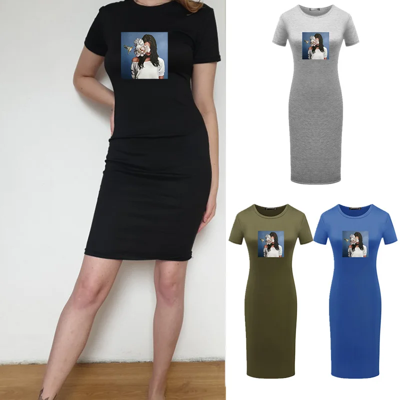 

Summer Pencil Dress Short Sleeve Flower Art Girl Print Dresses Stretch Bodycon Party Midi Women Elegant Black Vestidos Robe