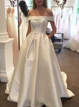 

2019 Princess A line Wedding Dresses Court Train Ruched Pockets Off Shoulder Buttons Back Wedding Bridal Gowns