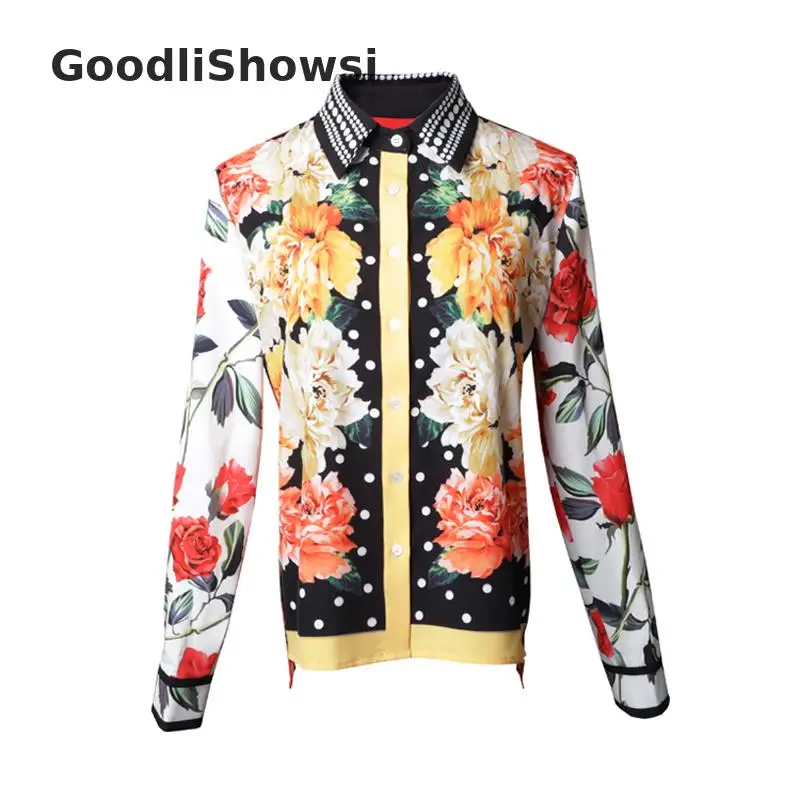 GoodliShowsi Новое поступление шикарная Женская Цветочная рубашка контрастной расцветки с принтом в розовый горошек с отложным воротником Повседневная Эффектная блузка Топ