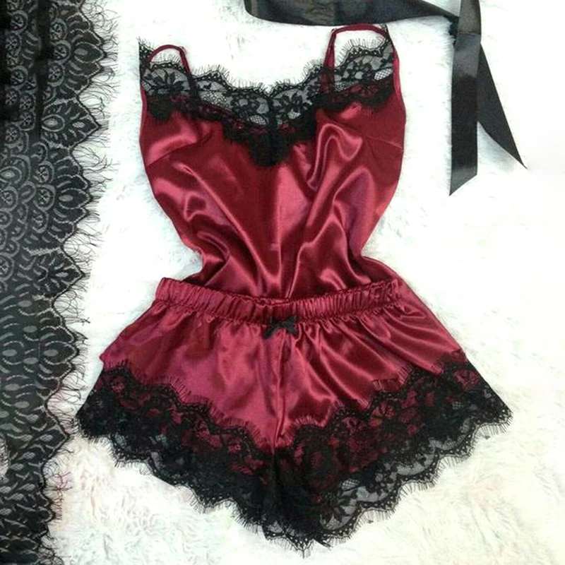 Women Pajamas Women Sleepwear Sleeveless Strap Nightwear Lace Trim Satin Cami Top Pajama Sets Sexy Hot Erotic Home Wear