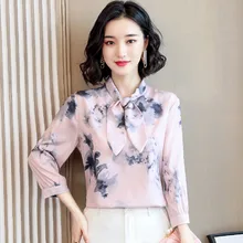 Korean Silk Blouses Women Satin Shirt Ladies Print Blouse Top Plus Size Woman Short Sleeve Bow Shirts Blusas Femininas Elegante