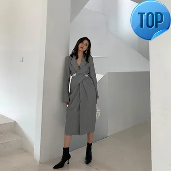 

Pleated Women Gray Knot Long Elegant Dress New V-collar Long Sleeve Loose Fit Fashion Tide Spring Summer 2020 1W485