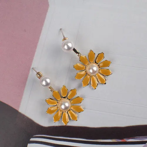 V4035 yellow Серьги Подсолнух из искусственного жемчуга в богемном стиле для женщин, серьги из сплава с геометрическим узором, Длинные металлические серьги, висячие, черные, желтые, розовые - Окраска металла: V4035 yellow