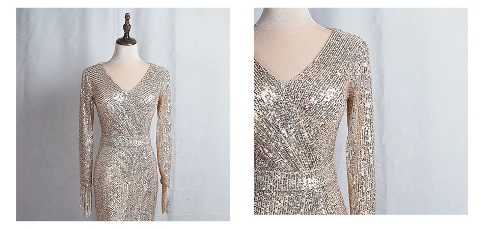 Вечернее платье с длинными рукавами цвета шампанского, золотого цвета, с v-образным вырезом, вечернее платье K059, длинное платье русалки, вечернее платье с блестками