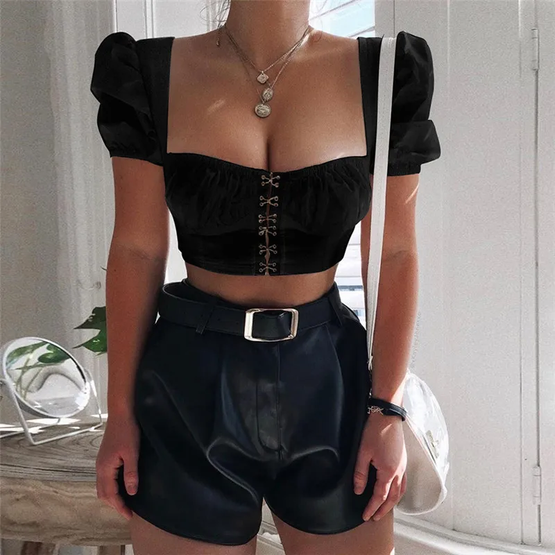 

2020 Puff Short Sleeve Womens Blouse Square Collar Hook Buckle Design Crop Summer Shirt Fashion Streetwear Ey*