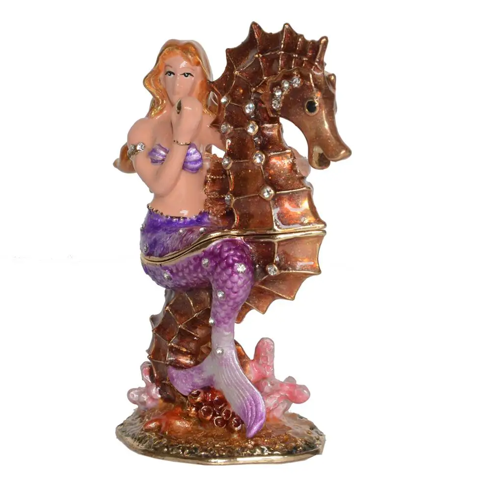 Mermaid Trinket Box Seahorse Enameled Jewelry Container, Nautical Decoration Figurine, Collectible Gift