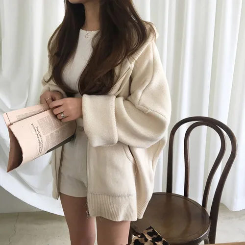 Creamy-white Новые осенние зимние корейские плотные свитера для женщин Harajuku, Однотонные кардиганы на молнии, свободные топы для студентов - Цвет: Creamy-white
