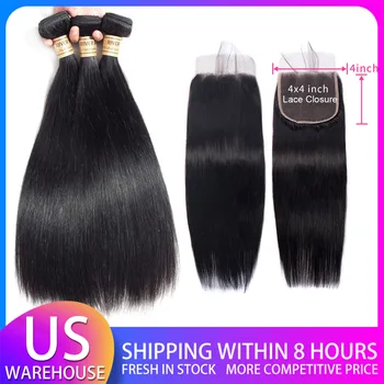 

【US WAREHOUSE】Straight Bundles With Closure Riverwood Human Hair Bundles 100% Remy Brazilian Hair Weave Bundles With Closure
