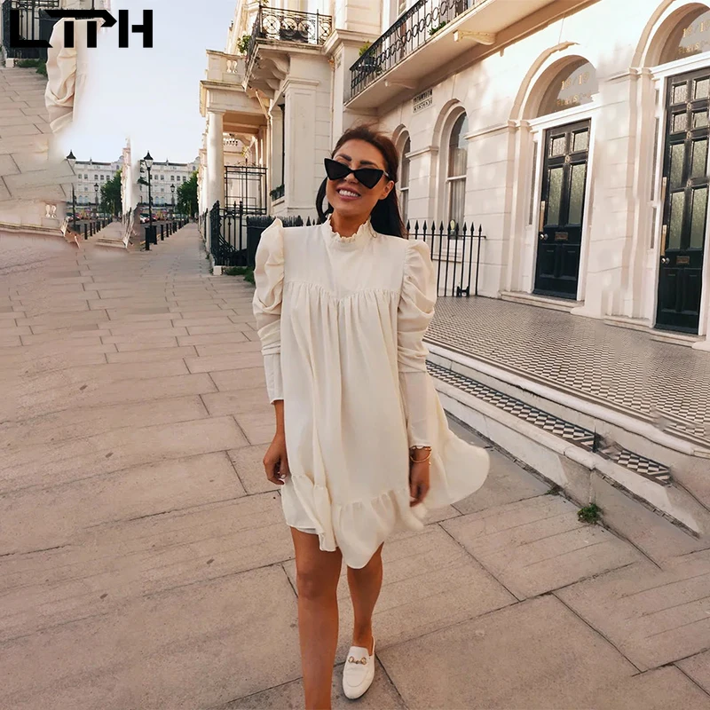 Goede Hot 2019 Herfst Nieuwe Mode Vrouwen Temperament Forens Bladerdeeg Mouw Kleine Hoge Kraag Natuurlijke Een Woord Knie Chiffon Jurk