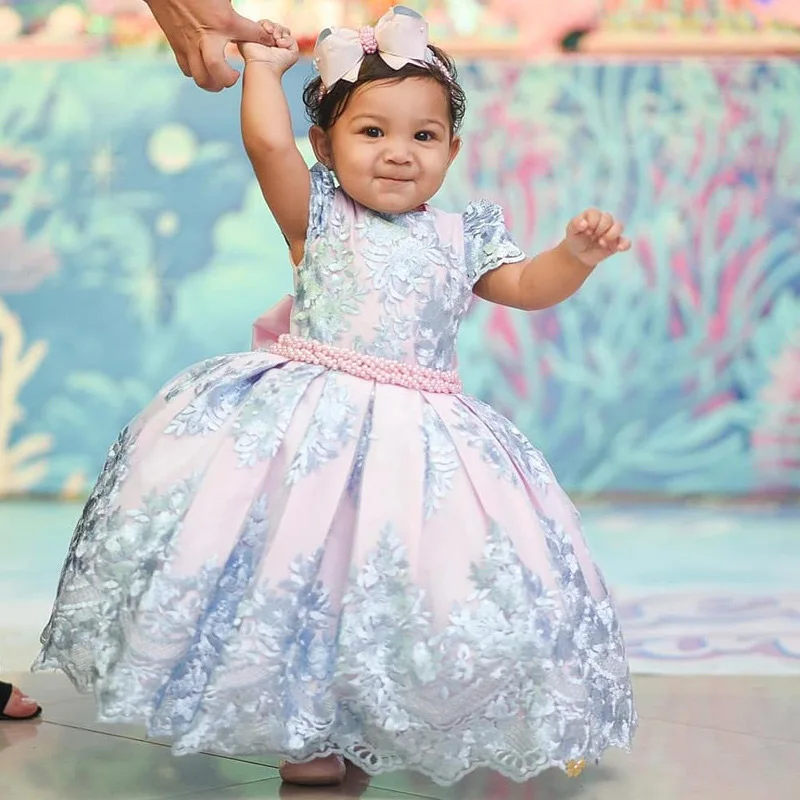 Новые детские платья для девочек, От 4 до 10 лет платье-пачка с кружевным цветком, вышитый мяч, детская одежда принцессы, детское платье для свадебной вечеринки - Color: C