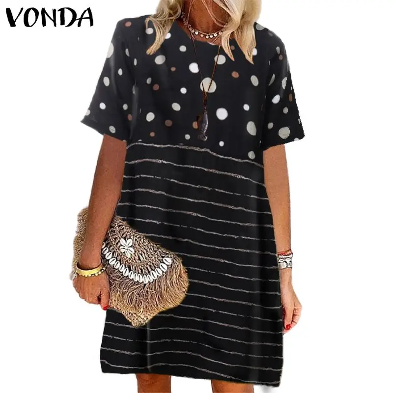 VONDA/платье для беременных; Повседневное платье с круглым вырезом и коротким рукавом в полоску; платье для беременных; летний сарафан; свободное богемное платье Vestidos - Цвет: Черный
