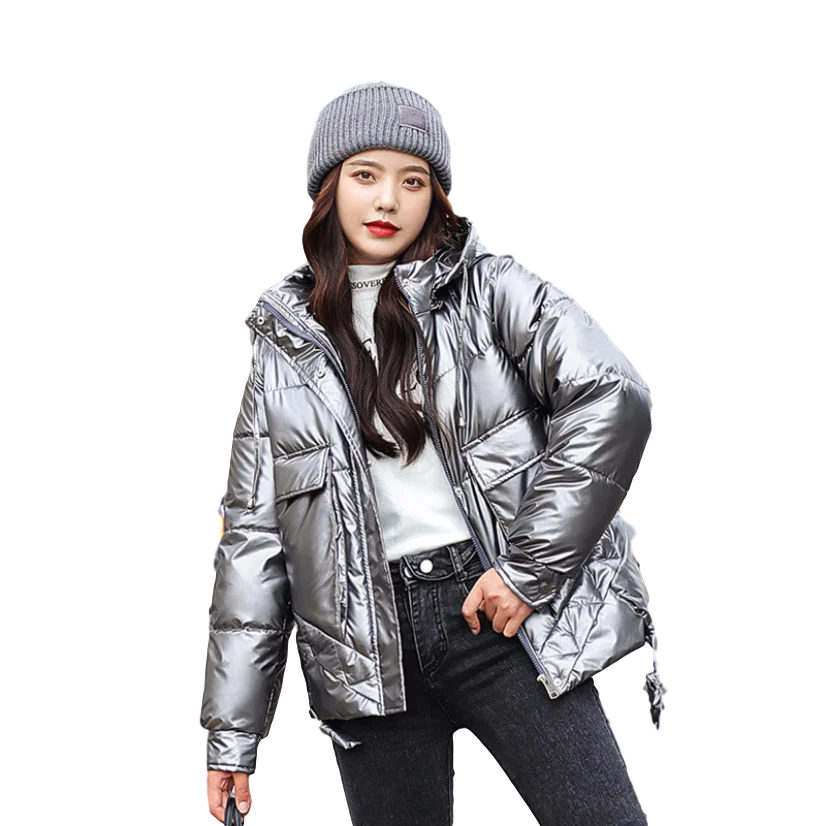 

New Glossy Women's Down Jacket 2020 Hooded Collar Female Winter Parkas Short Jacket Women Big Pocket Shinny Cotton Padded Coat