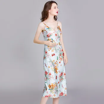 

Printed Night Dress Floral Ladies Long Gowns Silk Slit Lingerie Nightgown V-neck Sleepwear Sexy Nightie Satin Womens Clothing