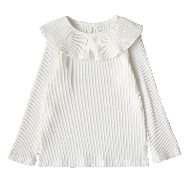 2019 Весенняя детская футболка футболки для девочек блузки в рубчик с оборками на