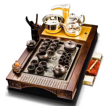 Tea set Ebony Stone Solid Wood Tea Tray Purple sand Tea Set Electric Furnace Four-in-one Home Office Daily gift - Цвет: E Style