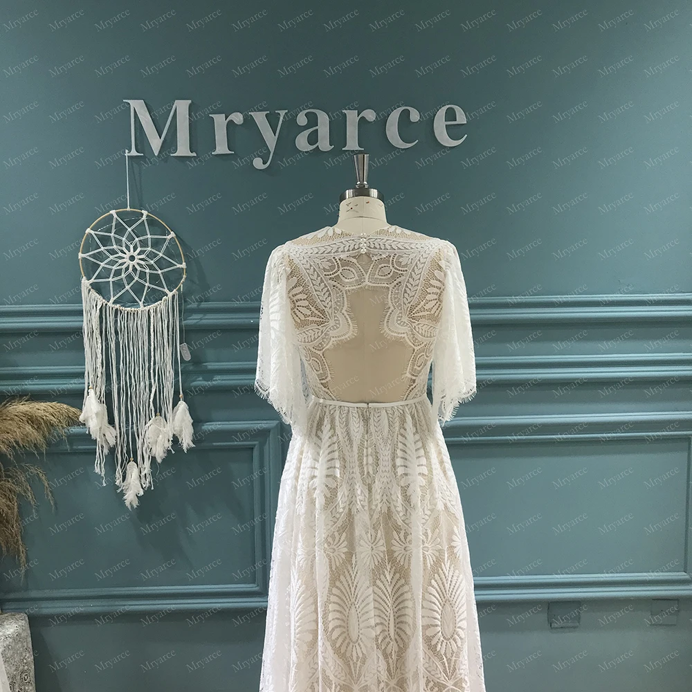 summer wedding guest dress Mryarce Modest High Neck Flare Sleeves Boho Lace Wedding Dress Bohemian Bridal Gowns second hand wedding dresses