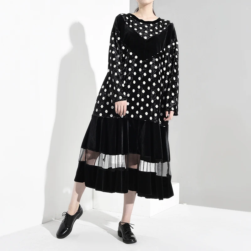 [EAM] женское черное бархатное платье с цветочным принтом большого размера, новинка, круглый вырез, длинный рукав, свободный крой, Мода весна-осень 1B046