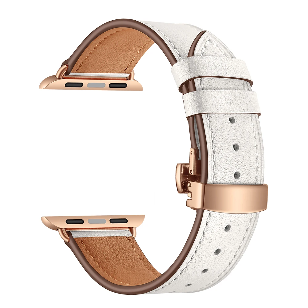 Кожаный ремешок для Apple Watch Series 5, 4, 44 мм, 40 мм, розовое золото, застежка-бабочка, ремешок для часов iWatch 3, 2, 42 мм, 38 мм, высокое качество