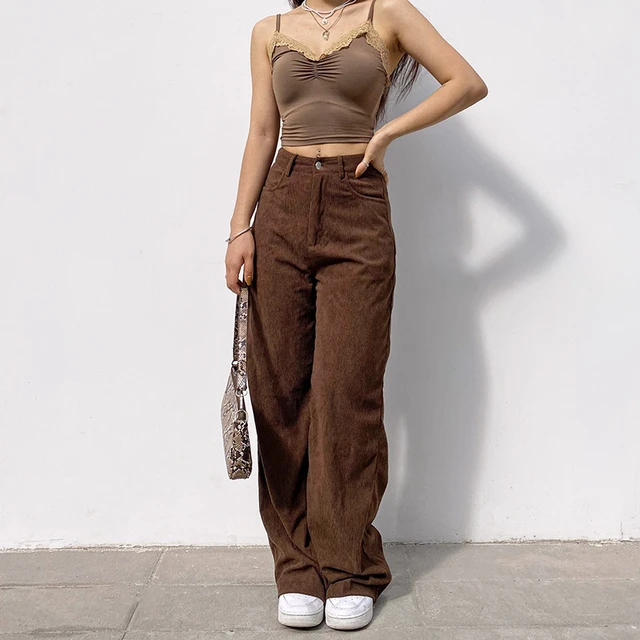 Indie Aesthetics Solid Corduroy Wide Leg Pants Y2K Fashion High