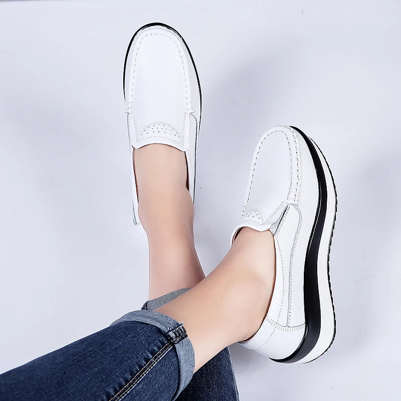 Women Flats Platform Shoes Genuine Leather Autumn Slip On