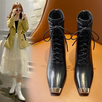 

Spring and Autumn 2020 new thick heel all-match leather short tube Martin boots women's square toe sexy single boots X362