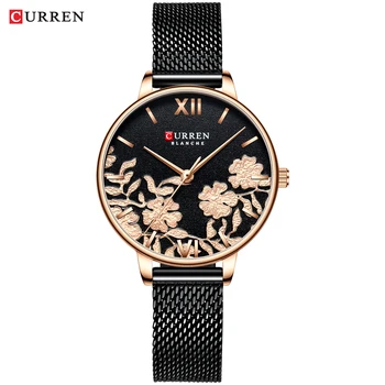 

CURREN Women Watches Black Fashion Classy Quartz Stainless Steel and Leather Strap Watch Ladies Relogios Feminino Flower Clock