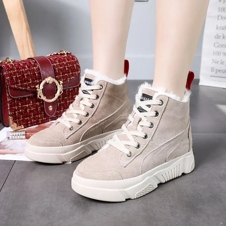 Beige W-модные однотонные зимние ботинки для активного отдыха женские теплые зимние Бархатные ботинки женские ботинки из хлопка на толстой подошве - Цвет: Beige