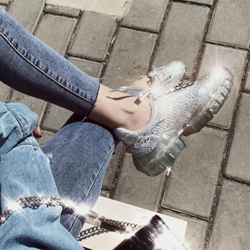 Rhinestone Sneakers Women Spring Dropshipping Thick Bottom Daddy Shoes Thick Bottom Round Toe Breathing Leisure Women Shoes