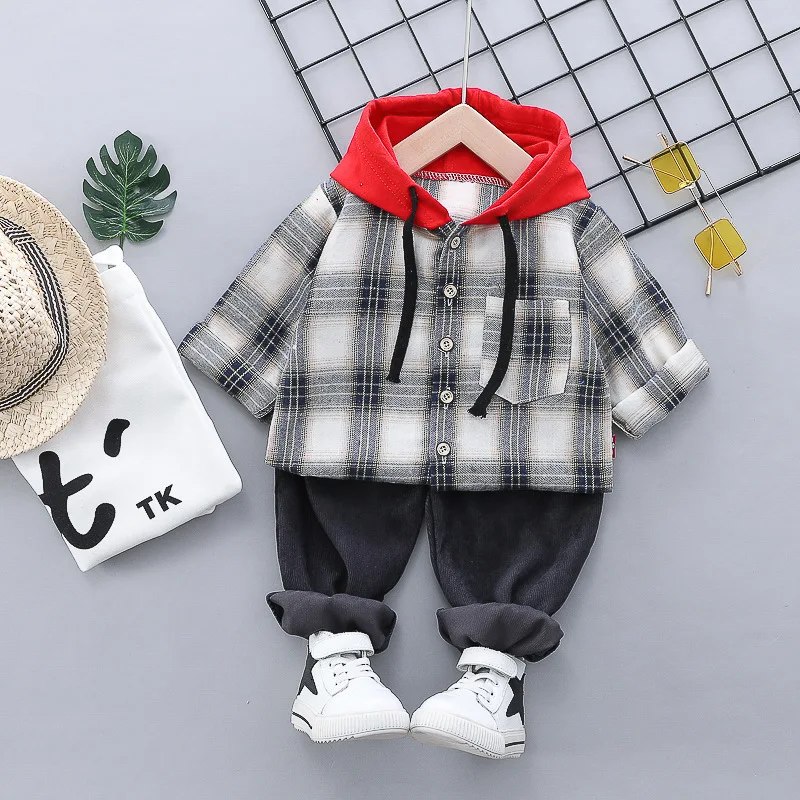 HSY hongmao Gray Новые осенние комплекты одежды для маленьких мальчиков и девочек Одежда для младенцев комплекты пальто в клетку штаны 2 шт./компл. детские повседневные спортивные костюмы - Цвет: HSY hongmao Gray