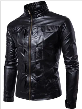 

England Style Faux Leather Jacket for Men Stand Motorcycle PU Leather Jacket Casual Coats