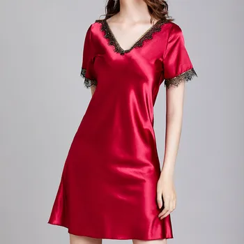 

Faux Silk Sleepwear Women's Nightgown Sexy Lace V-neck Shorts Sleeve Nightdress Sexy Bathrobes Femme Summer Nightie Sleep Dress