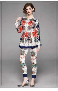 

2020 Fashion Designer Pant Suit Women's Long Sleeve Retro Pattern Print Pleated Midi Pullover Top + Pants Set Two Pieces Sets