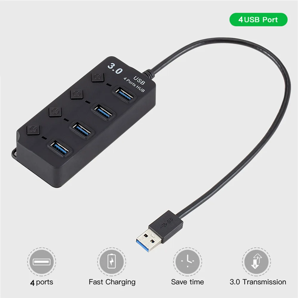 Портативный USB 3,0 концентратор сплиттер 4 порта с переключателями вкл/выкл высокая скорость 5 Гбит/с несколько USB порт расширитель адаптер для ПК компьютера