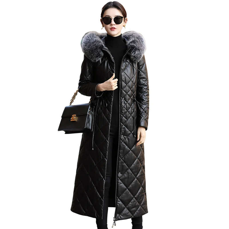 

2019 Winter Women's Leather Jacket Fox Fur Collar Genuine Leather Down Jacket Women Long Sheepskin Coat Hooded Z015M KJ3780