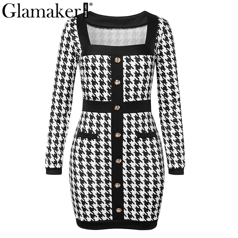 Glamaker Square collar plaid bodycon dress Women long sleeve sexy party club dress Spring summer elegant short dinner dress