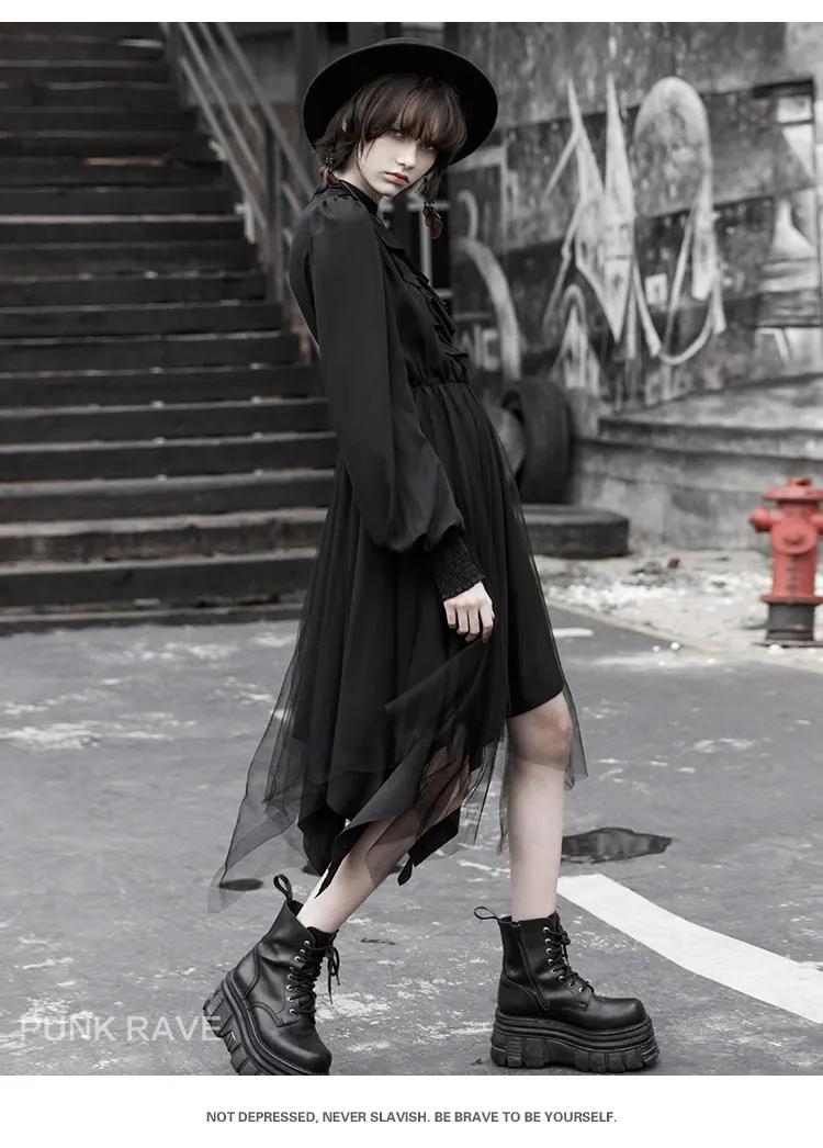 Панк RAVE девушка Готический Черный Высокий воротник длинное платье девушки моды нерегулярные свободные шифоновые женские платья