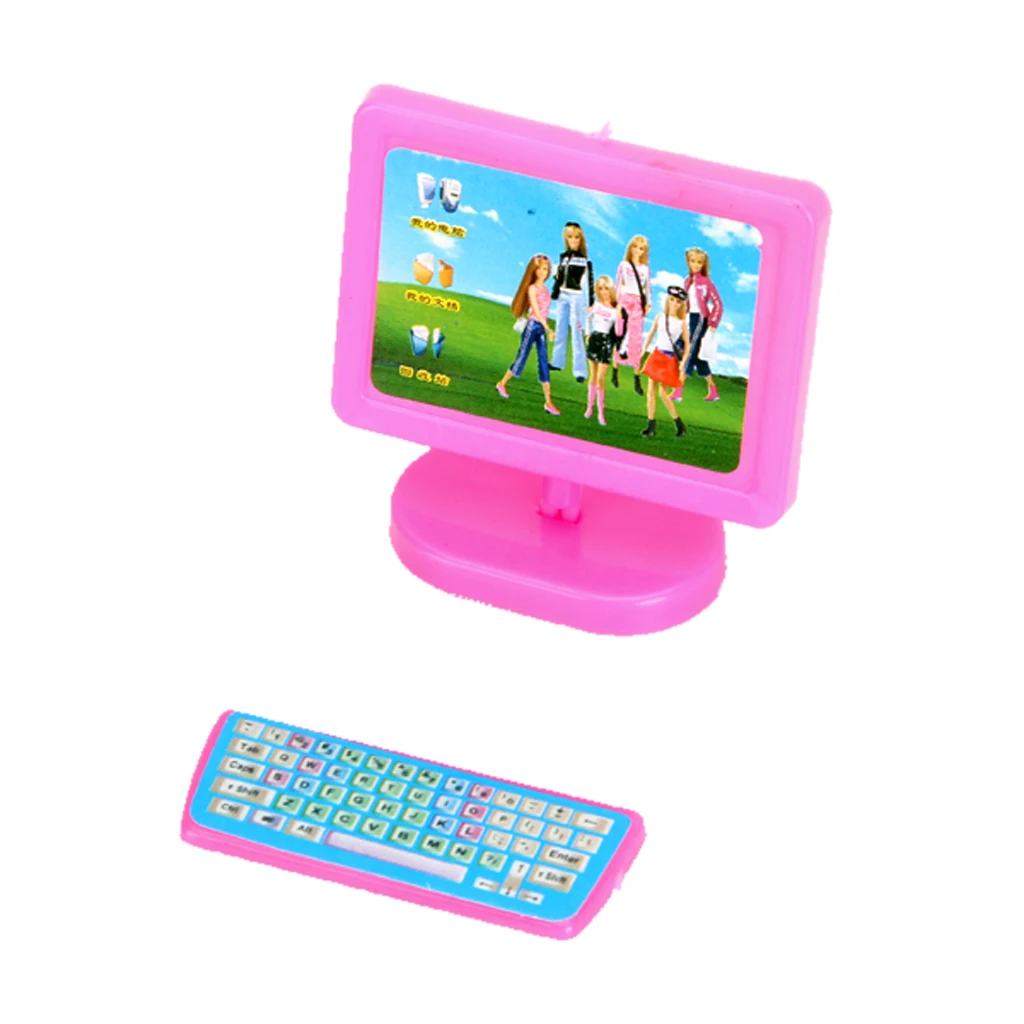 Set of 3PCS Minitor Stand Keyboard Miniature Computer Set FOR  Dolls Educational Study Supplies Pink