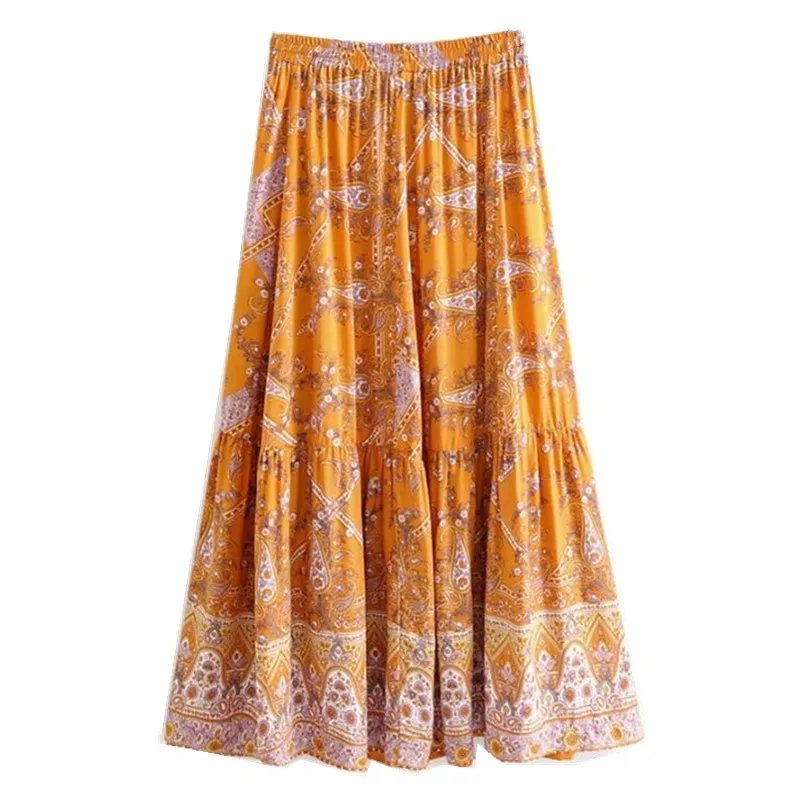 BOHO праздничные женские сшитые плиссированные юбки со шнуровкой на талии длиной до пола богемные оранжевые длинные юбки с цветочным принтом