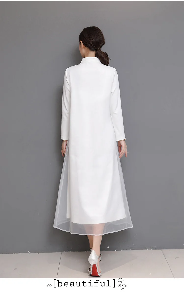 Photo Shoot Spring And Summer Retro National Wind Zen Frog Long Skirts Hand-Painted Knitted Organza Cheongsam Dress