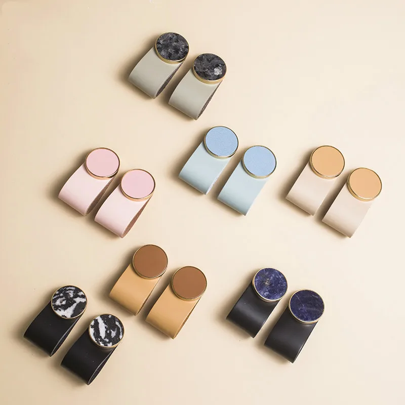 

Nordic Macaronse Brass Leather Handle Head Leather Children's Room Tatami Anti Collision Door Handle Knobs
