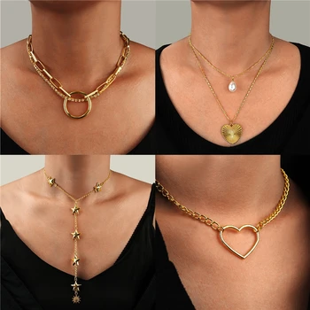 

Luokey Women Fashion Choker Necklaces Collares Thick Chain Round Heart Punk Pendants Necklaces Collier Bijoux Femme Dropshipping