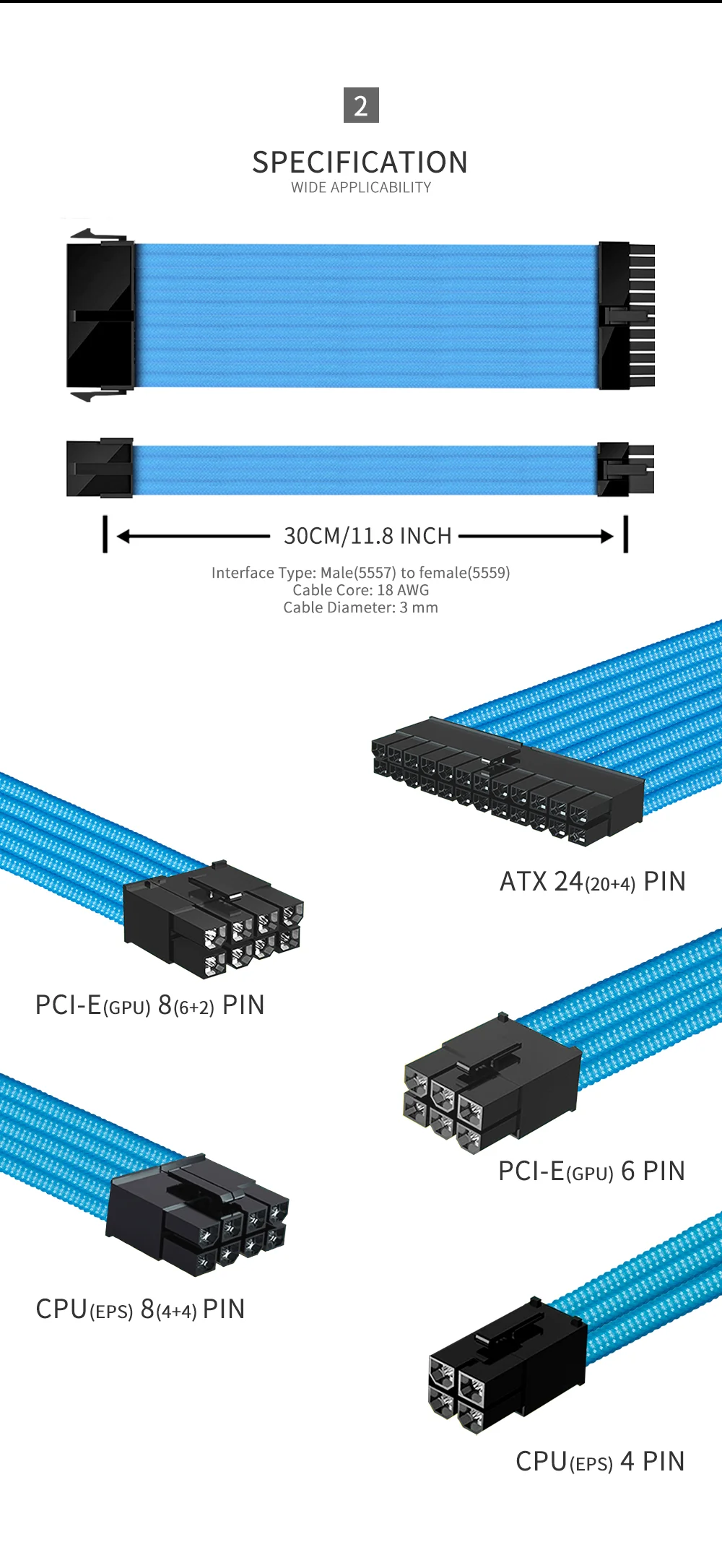 FormulaMod NCK1 Series PSU Extension Cable Kit , Mix Color Cable Solid Combo 300mm ATX24Pin PCI-E8Pin CPU8Pin With Combs  