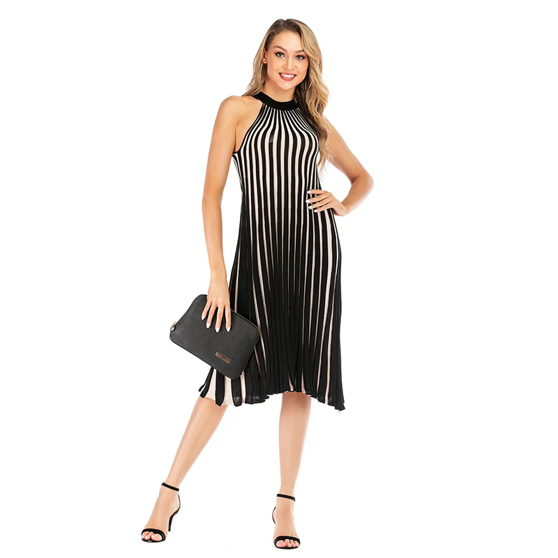 

O Neck Sleeveless Dress Fashion Daily Ritual Women's Lived-in Knit Dresses High Quality Elegant Female Strip Dress 2020 Autumn