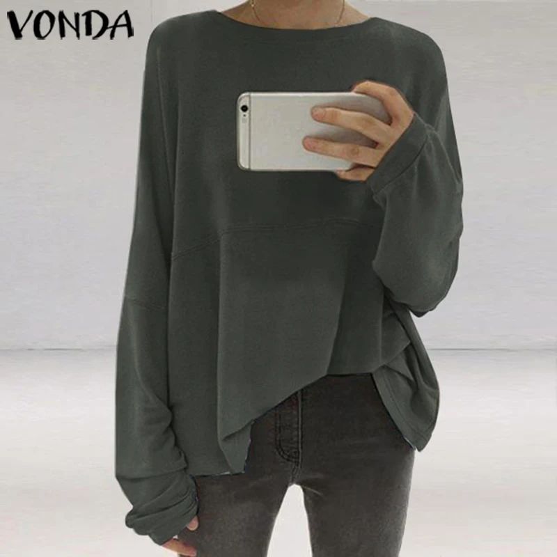 VONDA Брендовые женские модные блузки с длинными рукавами Повседневные однотонные винтажные Блузы с круглым вырезом свободные пляжные вечерние женская блуза