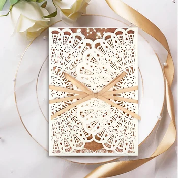 

10 Sets Rustic White Fold Personalised Wedding Invitations with Ribbons Bow Rsvp and Envelopes Lace Print Cards Anniversary