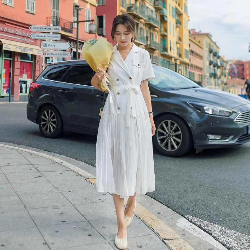 

Photo Shoot French Retro Suit Collar Dress Women's 2019 New Style Summer Suit Joint Mock Two-Piece Chiffon Skirt