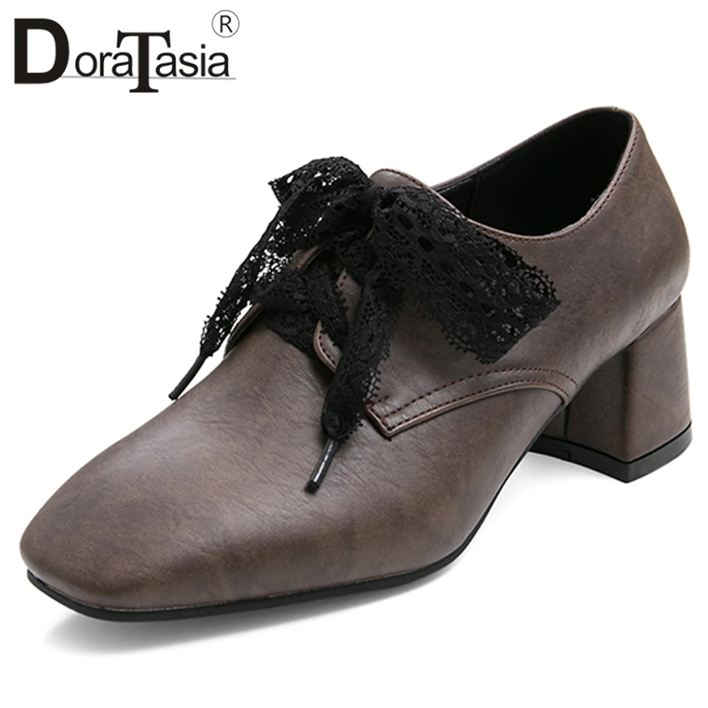 

SARAIRIS New Plus Size 30-50 Lady Elegant Square Toe Pumps 2020 5 Cm Med Heel Pumps Women Office Fashion lace-up Shoes Woman