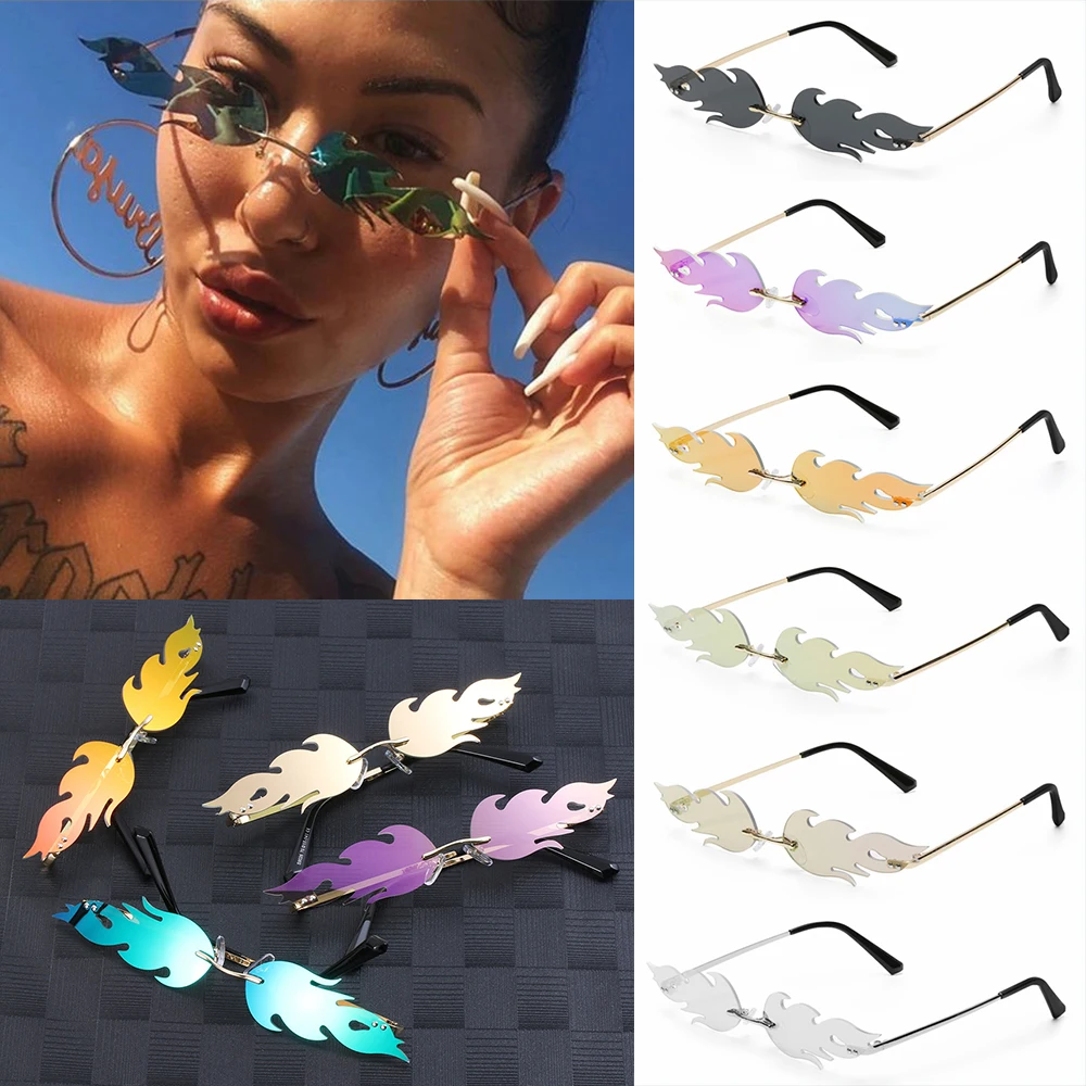 

Fashion Fire Flame Sunglasses for Women Men UV 400 Eyewear Rimless Wave Eyeglasses Luxury Trending Narrow Sunglasses Streetwear